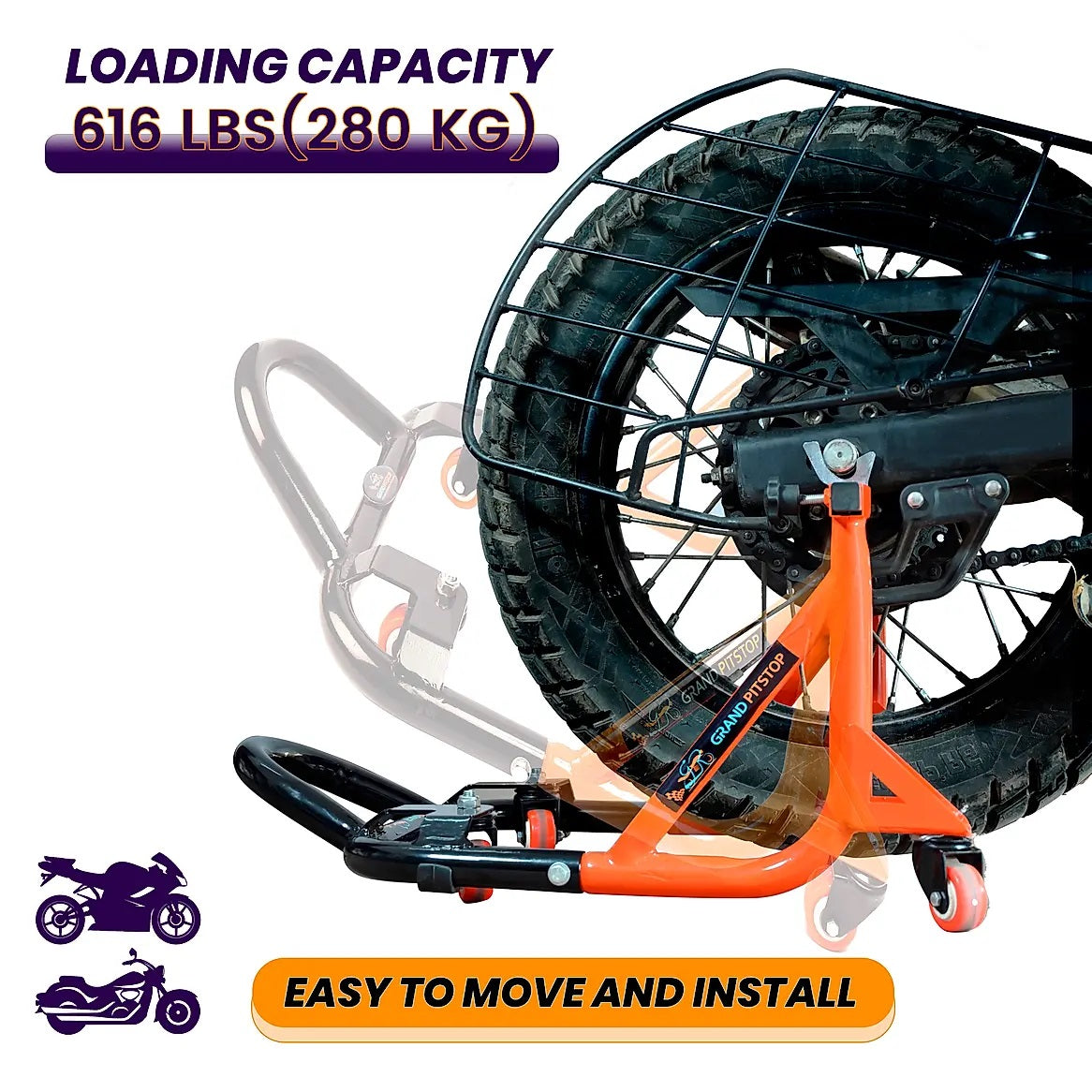 Rear Paddock Stand Dismantable with 360 Rotation- Black Orange-(Bike Wt upto: 280 kgs)